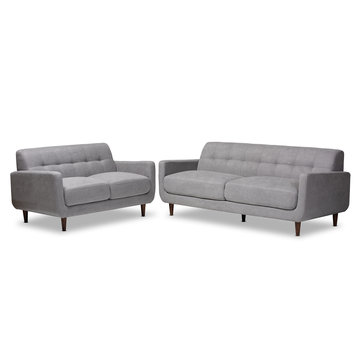 Allister Mid-Century Modern Light Grey Fabric Upholster 2-Piece Living Room Set