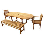 Windsor Teak Furniture - Grade A Teak 95" Ext table/2 Benches/2 Chairs, Seats 10 - Elegant and practical, the Grade A Outdoor Dining Set makes a timeless addition to any patio or terrace. Each piece is made from solid, grade A teak that is grown on sustainable plantations and harvested after 45-50 years. The set comprises an extendable table with an umbrella hole, two practical benches and two slatted chairs.