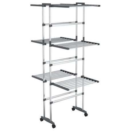 vidaXL Clothes Hanger 3-Tier Clothes Drying Rack Stand with Wheels Silver