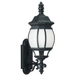 Generation Lighting Collection - Wynfield 1-Light Outdoor Wall Lantern, Black - The Sea Gull Lighting Wynfield one light outdoor wall fixture in black is an ENERGY STAR qualified lighting fixture that uses fluorescent bulbs to save you both time and money. The Wynfield collection by Sea Gull Lighting complements classical home designs with its soft curves and colonial accents. A Black Powdercoat finish over a durable cast aluminum body adds dependable quality to an enduring style. Either Frosted glass or Clear Beveled glass give the fixtures distinct appeal. The assortment includes small, medium and large one-light outdoor wall lanterns, a two-light outdoor wall lantern, a two-light, outdoor post lantern and a two-light outdoor ceiling flush mount. The fixtures with Frosted glass are also available in an ENERGY STAR-qualified LED version, and the one-light fixtures with Clear Beveled glass can easily convert to LED by purchasing LED replacement lamps sold separately.
