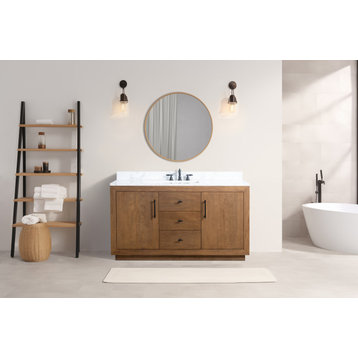 Vanity Art Bathroom Vanity with Sink & Top, Tan, 60", Arabescato White Engineered Marble
