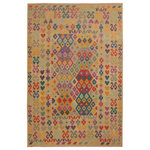 Bareens Designer Rugs - Rustic Turkish Kilim Janay Hand-Woven Wool Rug - 6'7'' x 10'0'' - Elevate the elegance of your home with this stunning hand-woven tribal Kilim wool rug. Meticulously crafted on a loom by the Nomad Turkman people using hand-spun wool and 100% natural vegetable dyes, these rugs are recognized for their repetitive geometric patterns, incorporating naturalistic floral and traditional designs. The contemporary fashion palette results in bold, sharp patterns that are incredibly versatile, as the pattern is the same on both sides. These reversible rugs feature a lighter shade on one side and brighter colors on the other, providing versatility according to preference. These unique rugs are made by knotting short strands of different colors onto the warps and securing them by tightly pressing the wefts. The designs are created by interweaving the various colored wefts and warps. Kilims are known for their exceptional durability and versatility, making them truly unique rugs.  Product Details    Rug Size: 6'7'' x 10'0''  Material: 100% Wool  Style: Kilim, Flat Weave, Dhurrie, Turkish, Southwestern, Rustic, Tribal  Colors: Beige, Red, Gold, Grey  Weave Type: Hand-Woven, Handmade  Pile Height: Less than 0.25 inch