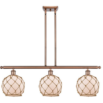 Ballston Farmhouse 3 Light Fixture, Antique Copper/White Glass With Brown Rope