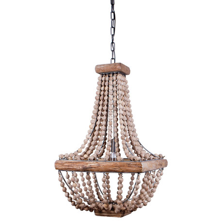 Metal Framed Chandelier With Wood Bead Draping, Brown