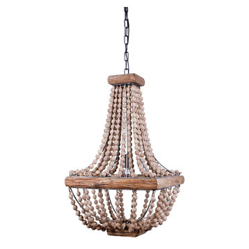 Metal Framed Chandelier With Wood Bead Draping, Brown