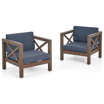 Indira Outdoor Acacia Wood Club Chairs With Cushions, Set of 2, Dark Gray