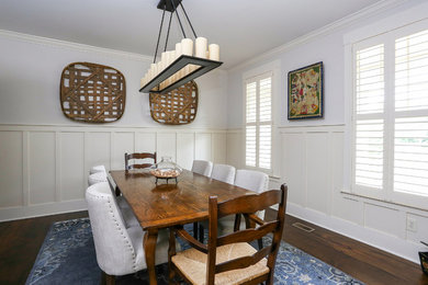 Mid-sized country separate dining room in Raleigh with beige walls, dark hardwood floors, no fireplace and brown floor.