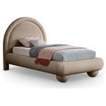 Meridian Furniture - Madrid Upholstered Bed, Taupe, Twin, Velvet - Transform your bedroom with the bold and sophisticated charm of the Madrid taupe velvet upholstered twin bed. Inspired by classic Art Deco design, this bed showcases a striking arched headboard and rounded edges for a unique, sculptural look. The luxurious velvet upholstery adds a layer of softness and warmth, making it a stunning centerpiece that combines artful design with everyday comfort.