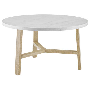 30" Transitional Round White Marble Coffee Table, Light Oak
