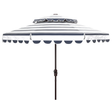 Safavieh Vienna 9' Round Double Top Crank Umbrella, Navy/White