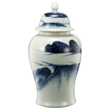 Benzara BM180954 Ceramic Windswept Ginger Jar, White and Blue