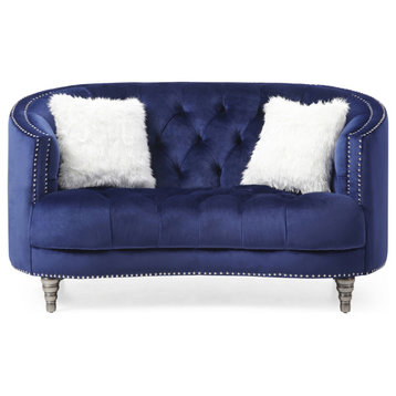 Blue Velvet Sofa With Flared Arms