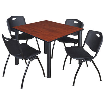 Kee 48" Square Breakroom Table- Cherry/ Black & 4 'M' Stack Chairs- Black