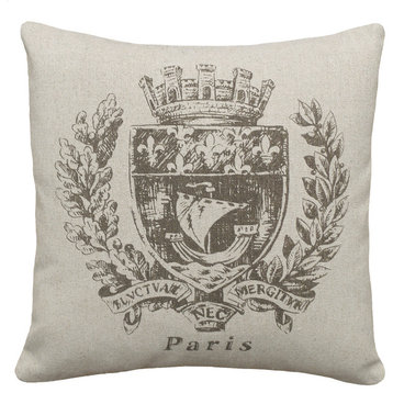 Paris Crest Printed Linen Pillow With Feather-Down Insert, Brown, Brown