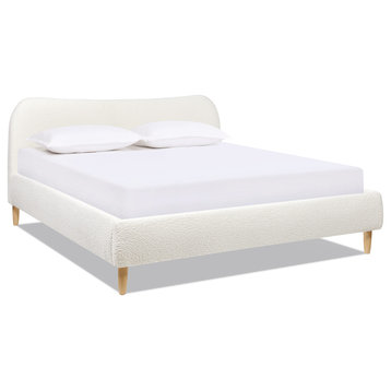 Roman Curved Headboard Upholstered Platform Bed, Ivory White Boucle, King
