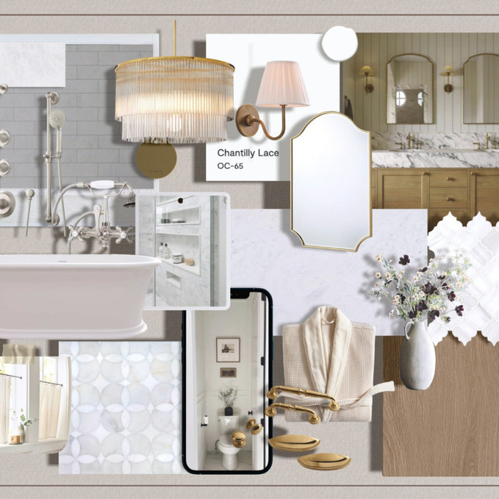 Primary bath moodboard with marble tile, stained wood vanity, mixed metals, pedestal tub, and coastal inspired lighting for a 1920s home remodel.