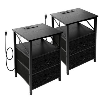 Set of 2 Nightstand, Storage Drawers & Shelf With Charging Station, Black