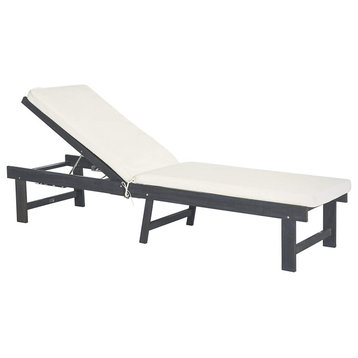 Classic Patio Chaise Lounge, Acacia Wood Frame & Polyester Seat, Ash Gray/Beige