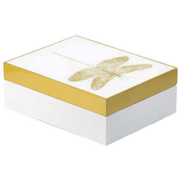 Gold and White Contemporary Rectangular Dragonfly Box with Gold Band Accent