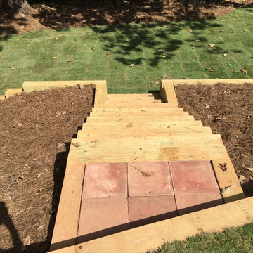 3 Tier PT Timber Walls, PT Timber Steps, Paver Patio, Irrigation, Sod, Drainage