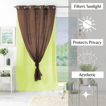 Double Layer Window Curtain Drape, Two-Tone Sheer Curtain, 95x55 Inches, Green/Brown, 1 Panel