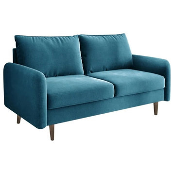 Retro Modern Loveseat, Tapered Legs With Comfy Upholstered Seat, Prussian Blue