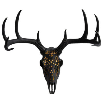 Faux Deer Skull Native American Carving Wall Decor, Black and Gold