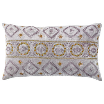 Boho Cotton Velvet Lumbar Pillow with Embroidery, Mauve