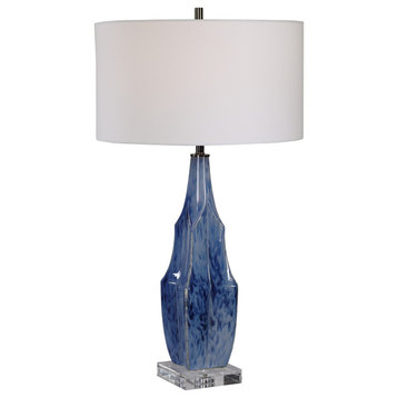 Luxe Elegant Sculpted Dark Indigo Blue Table Lamp Faceted Ceramic Tapered Ribbed