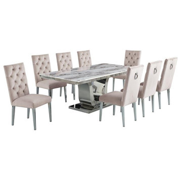 Silver Stainless Steel 9 Piece Dining Set w Marble Table and Cream Chairs
