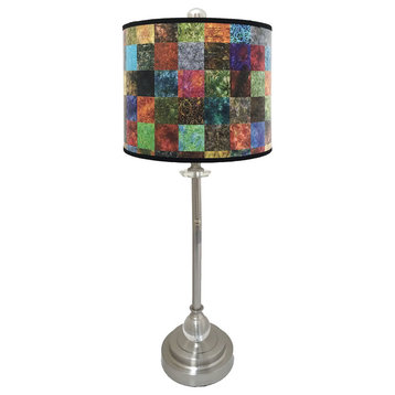 28" Crystal Buffet Lamp With Colorful Patchwork Shade, Brushed Nickel, Single