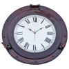 Deluxe Class Porthole Decorative Wall Clock, Antique Copper, 15"