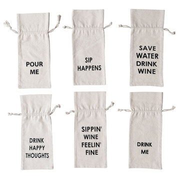 14 Inches Cotton Wine Bag With Quotation Designs, Natural and Black, Set of 6