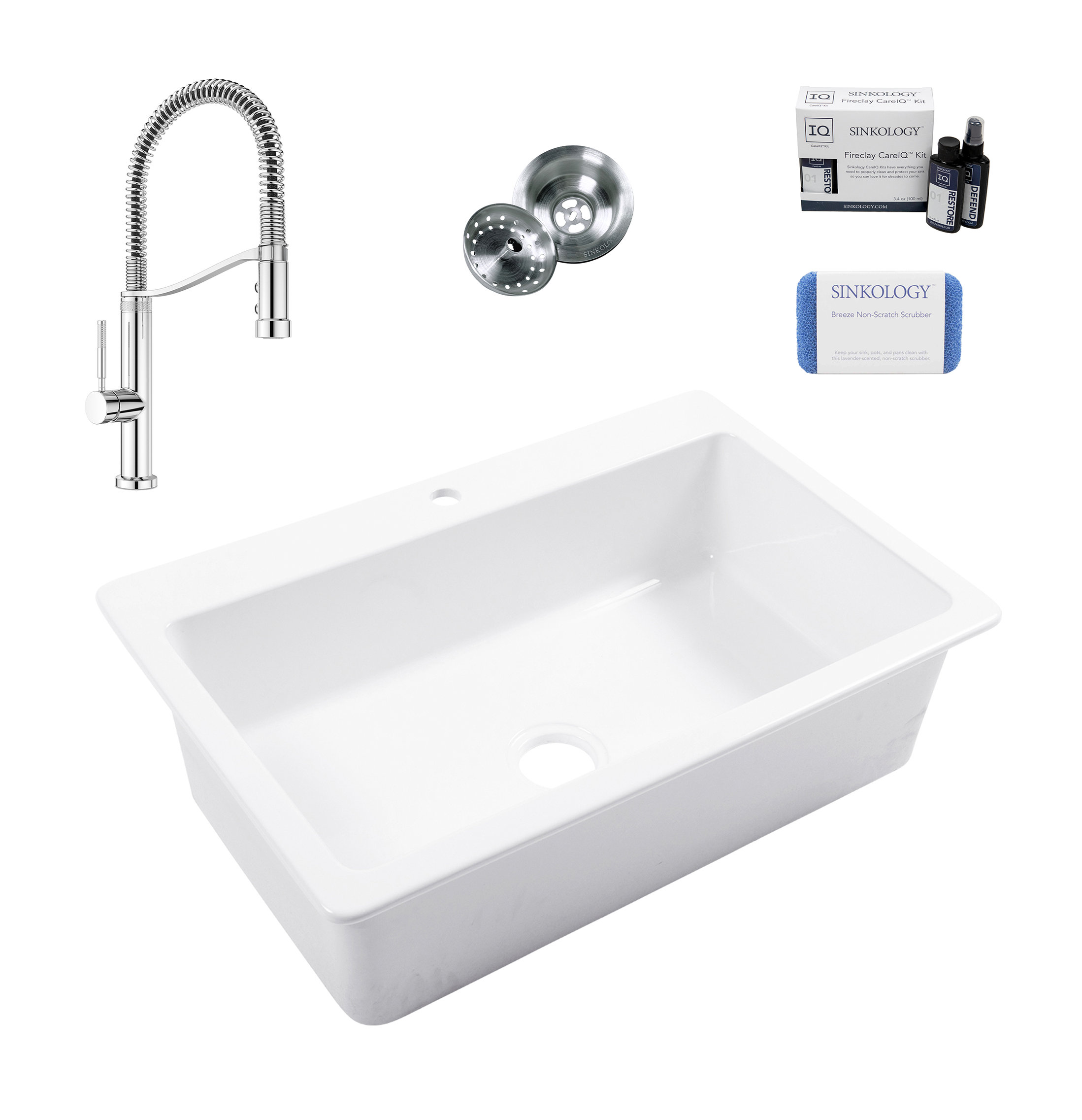 Jackson White Fireclay 33" Single Bowl Drop-In Kitchen Sink, Faucet Kit