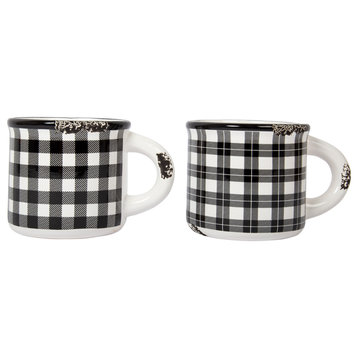 Luciano Housewares Stylish Plaid Ceramic Coffee Enamel Mug Set, 15.2 oz, Black,6