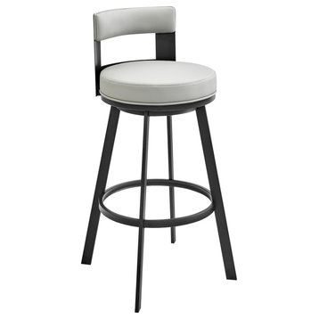 Lynof Swivel Counter Stool in Black Metal with Light Grey Faux Leather