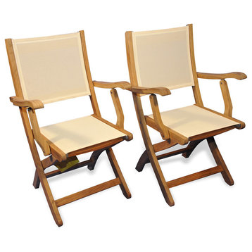 Teak Folding Providence Chair With Batyline Cream, Set of 2