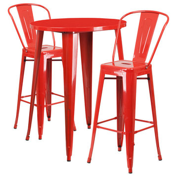 30" Round Red Metal Indoor-Outdoor Bar Table Set With 2 Cafe Barstools