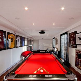 Inspiration for a huge contemporary open concept medium tone wood floor and brown floor home theater remodel in Nice with white walls