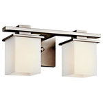 Kichler - Bath 2-Light, Antique Pewter - This 2 light wall fixture from the Tully collection creates a pleasing flow in any bathroom or vanity space. Characterized by clean lines and a simple cubic design, it provides an airy, uncluttered feel with an understated, contemporary flair. Featuring an Antique Pewter finish with Satin Etched Cased Opal Glass, this composition blends effortlessly with existing decor while still leaving a unique impression. May be installed with glass up or down.