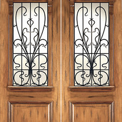 AN-2009-2 Mahogany Hand Carved French Art Nouveau Forged Iron Glass Double Door - Windows And Doors