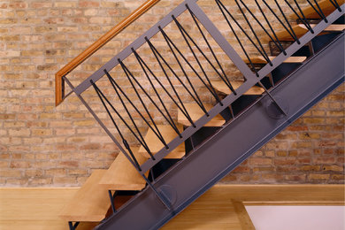Staircase - large contemporary wooden straight open and wood railing staircase idea in Chicago