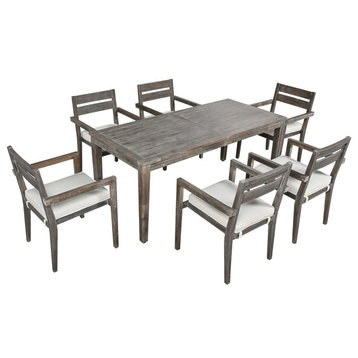 7 Pcs Patio Dining Table, Acacia Frame, Large Table & Padded Chairs, Grey