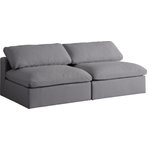 Meridian Furniture - Serene Linen Textured Fabric Deluxe Comfort 2-Piece Modular Sofa, Gray - There's lots to love about the Serene linen textured deluxe cloud-like comfort modular collection, and this piece is not an exception. The soft Gray linen textured fabric is cozy and sleek to the touch while the overstuffed down/feather cushions provide gentle support so you can relax and unwind like a VIP. Customize your seating with this modular set by adding the pieces you like most. Latches under each piece make it easy to snap them into position for a look that's modern yet welcoming.