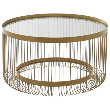 Contemporary Coffee Table, Unique Golden Wire Round Body With Clear Glass Top
