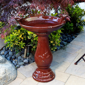 25" Tall Outdoor Ceramic Antique Pedestal Birdbath with 2 Bird Figurines, Red
