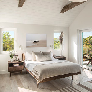 Réalisation d'une petite chambre d'amis minimaliste avec un mur blanc, un sol en bois clair, une cheminée d'angle et un manteau de cheminée en métal.