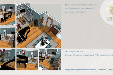 Großes, Offenes Stilmix Musikzimmer mit blauer Wandfarbe, braunem Holzboden und Kamin in Hamburg