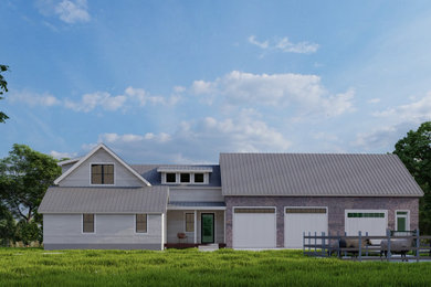 Diseño de fachada de casa blanca campestre grande de dos plantas con revestimiento de madera, tejado a dos aguas, tejado de metal y tablilla