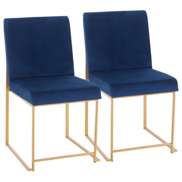 High Back Fuji Contemporary Dining Chair, Gold/Blue Velvet, Set of 2